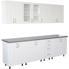 Bucatarie Zebra 260 cm din MDF Alb Lucios cu blat termoizolant imitatie gri